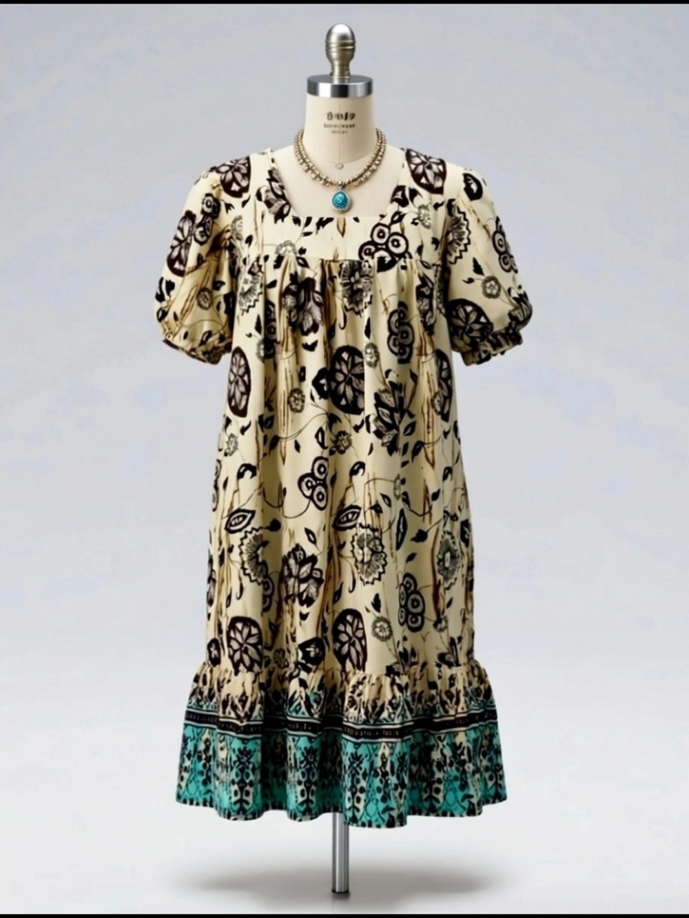 Cream And Teal Floral Maxi Dress with Teal Border